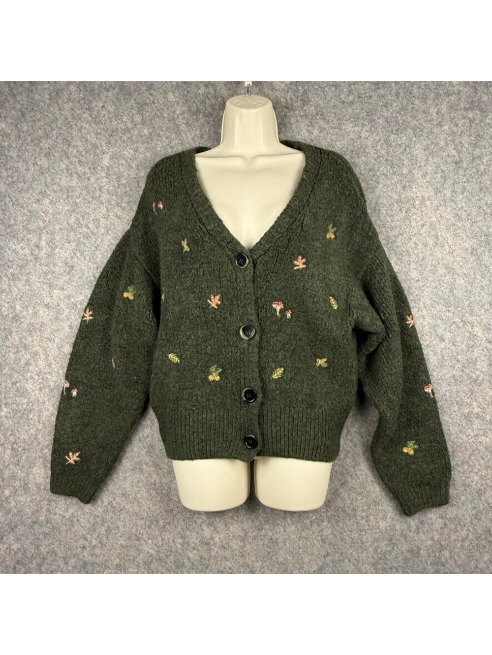 Zara Embroidered Mushroom Leaf Cardigan Small Olive Green Cottagecore Fairy 184